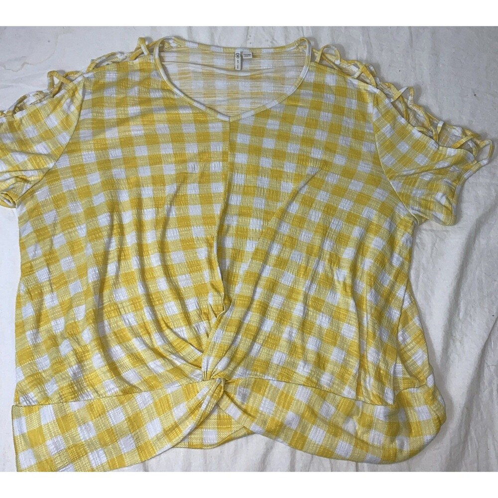 Plus Size Checkered White Yellow Plaid Front Knot Blouse Peep Cross Sleeve W